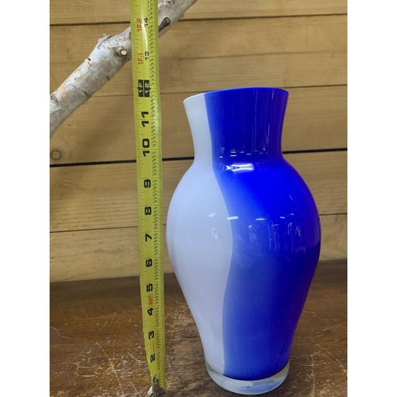 Cobalt & White Art Glass Vase Mid Century Hand-Blown European 10″ - Picture 2 of 3